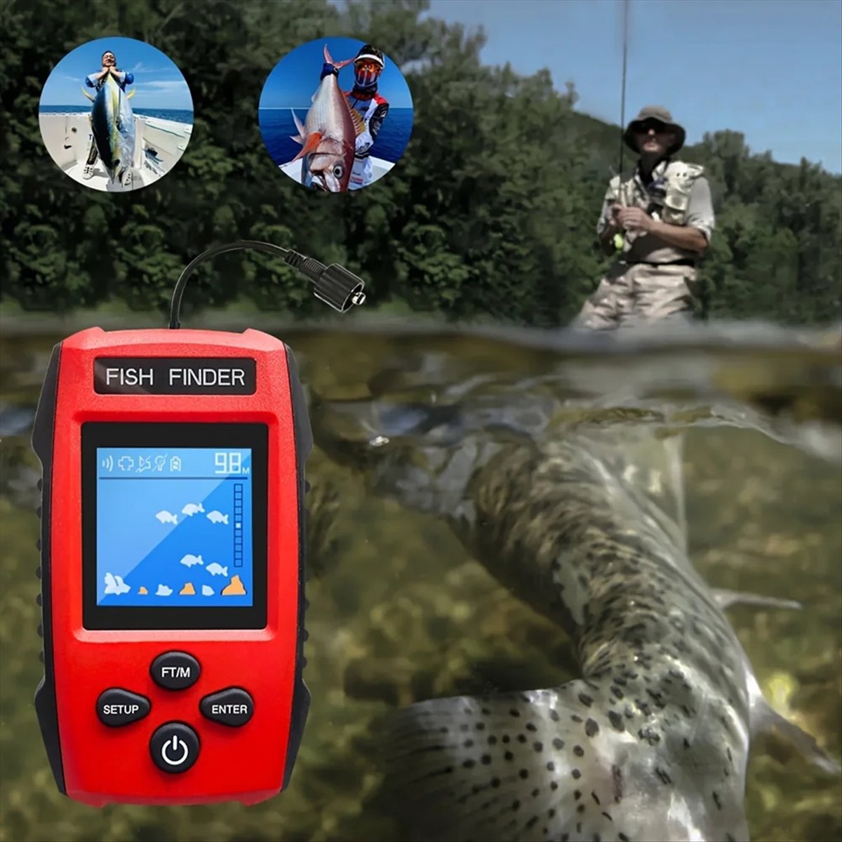 Fishing Boat Depth Finder - Détecteur de poisson LCD couleur, transducteur